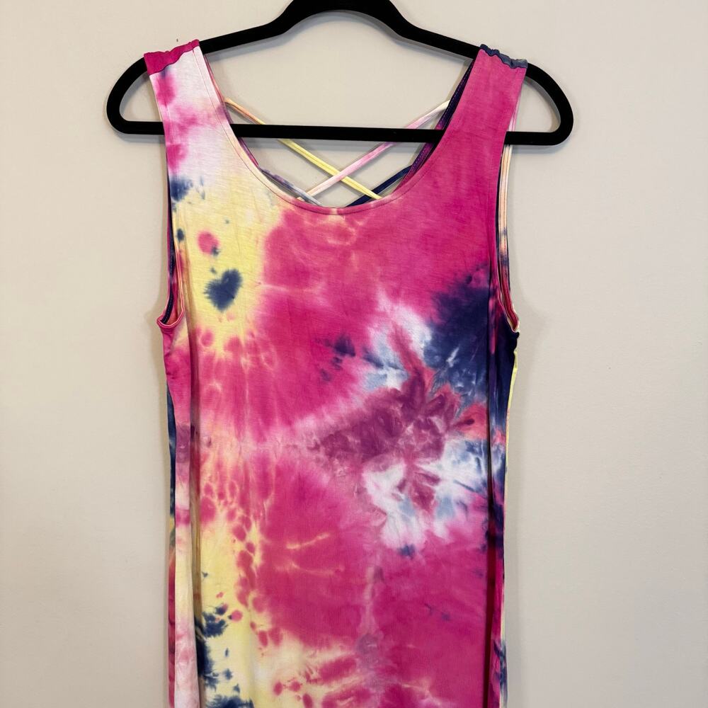 Nina Leonard Tie Dye Maxi Tank Dress L Petite Sleeveless Slit Stretch Summer - Picture 3 of 7